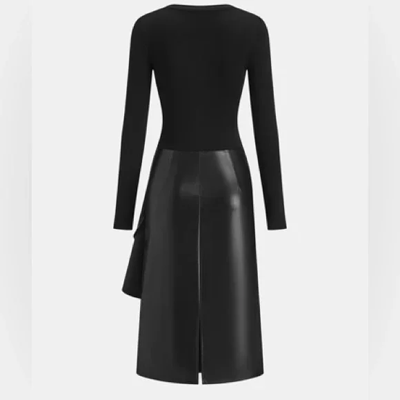 🖤 Commense Asymmetric Faux Leather Panel Midi Dress Black NWT M - Picture 2 of 5